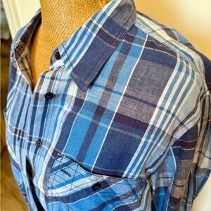 Lauren Ralph Lauren Blue Plaid Linen Blend Women's Camp Shirt Large
